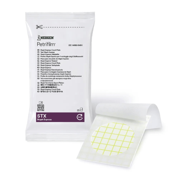 Petrifilmâ„¢ Staph Expres STX son placas con medio liofilizado para cuantificar estafilococos coagulasa positivos en 24h horas. Medio listo para usar con larga vida Ãºtil