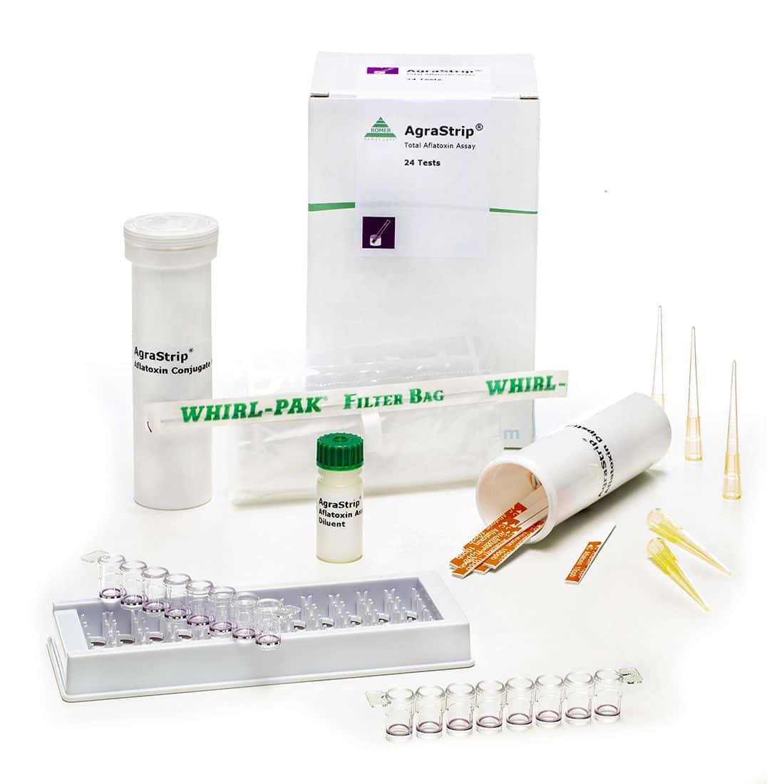 El kit rápido de tiras AgraStrip® Total Qualitative Test Aflatoxin 20 ppb es un kit de detección cualitativo que permite detectar in situ la presencia de aflatoxinas totales (B1