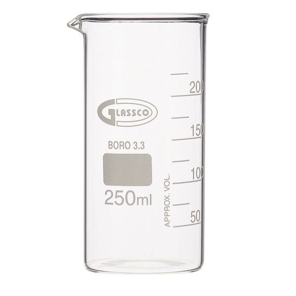 Vaso de precipitados de 250 mL de forma alta graduado y con pico. Fabricado en vidrio borosilicato 3.3 Glassco de calidad superior. Conforme a DIN 12331