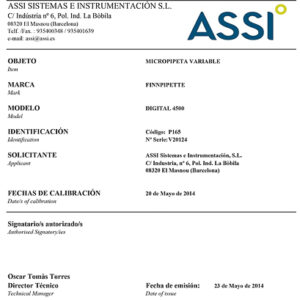 Certificado de calibración ENAC para micropipetas de volumen fijo