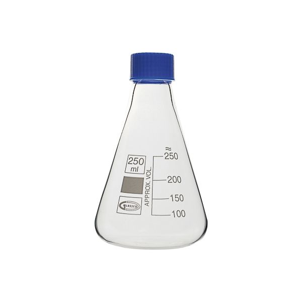 Matraz Erlenmeyer con tapÃ³n de rosca normalizado y junta PTFE. Fabricado en vidrio borosilicato 3.3 Glassco de calidad superior. Conforme a DIN 12380