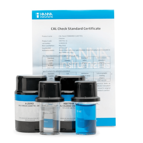 Kit de calibraciÃ³n reutilizable para validar la precisiÃ³n de fotÃ³metros portÃ¡tiles de cloro libre y total. Incluye cubetas estÃ¡ndar