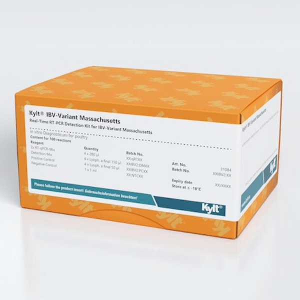 El Kit de DetecciÃ³n de IBV-Variante Massachusetts por RT-PCR en Tiempo Real estÃ¡ diseÃ±ado para la detecciÃ³n especÃ­fica del ARN del Virus de la Bronquitis Infecciosa IBV en muestras de aves.