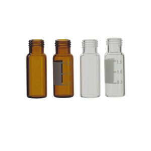 Vial roscado con zona de escritura  y marcas de volumen, transparente, 12x32 mm, 2 ml