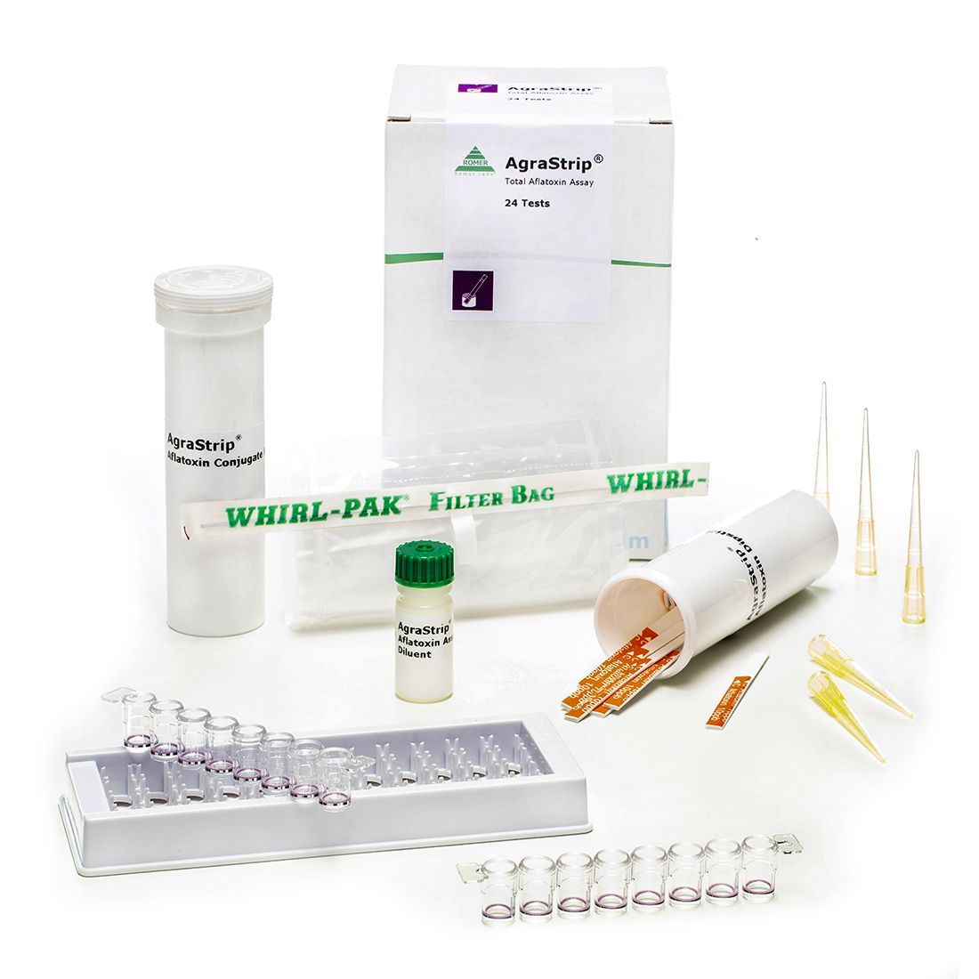 El kit de aflatoxinas AgraStrip® es un ensayo inmunocromatográfico de flujo lateral de un solo paso que determina la presencia de aflatoxinas totales (B1